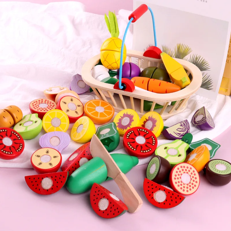 YUCI CPC CE Montessori Educational Toys learning Kitchen Wooden cutting toy Crate of Cut and Play Fruit Vegetable set for kids