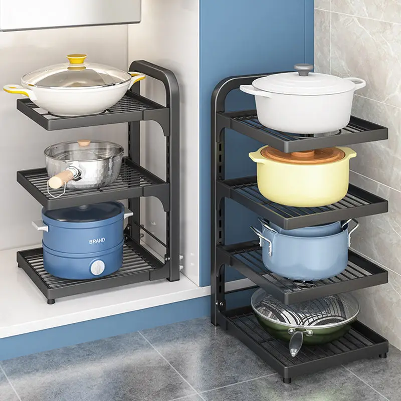 Kitchen Countertop Metal 4 Tier Adjustable Height Roasting Pizza Pot and Pan Storage Organizer Stand with Racks