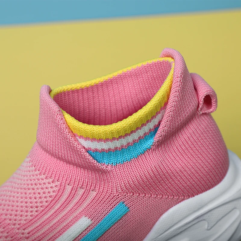 Flying woven socks shoes elastic sleeve design and soft MD outsole for kids casual shoes