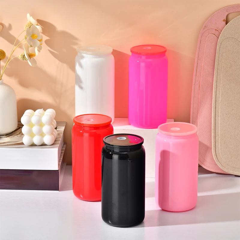 USA Warehouse 16oz Sublimation Clear Glass Mug  16 oz colorful Glass Beer Can With Bamboo Lid And Straws