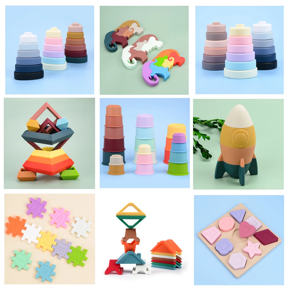 Wholesale Silicone Toys Toddler Puzzle Colorful Stacking Blocks Baby Toys Educational Learning Jigsaw Silicone Toys For Kids