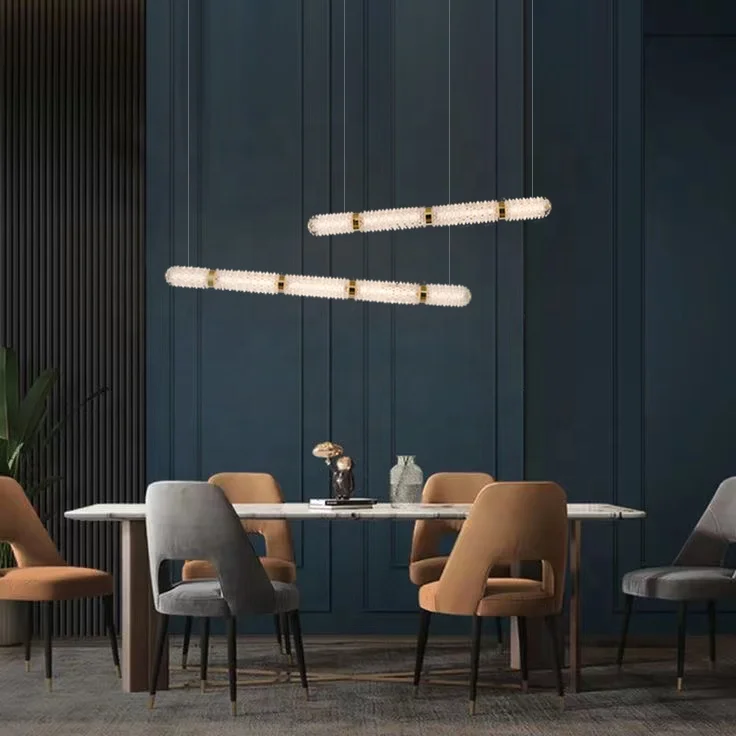 2023 New Modern golden crystal glass Cylindrical strip type LED villa pendant lamp dining table glass chandelier