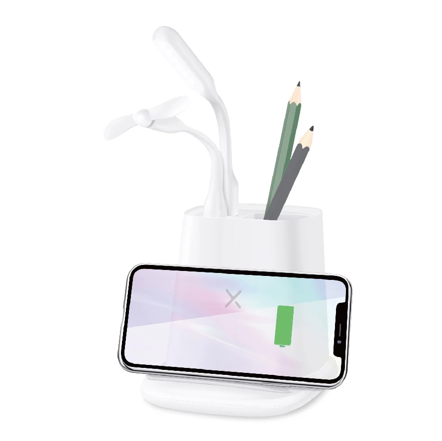 New Arrival Products 4 In 1 Wireless Charger Pen Holder Phone Holder With Mini Usb Lamp And Usb Fan