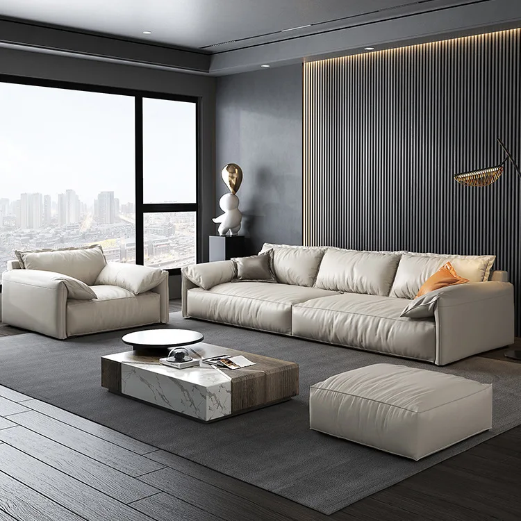 Italian minimalist cowhide sofa furniture set modern light luxury leather art living room L-shaped sofa elephant ear sofa set