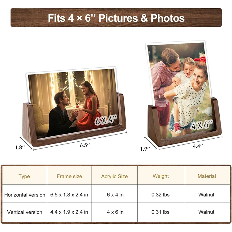 Horizontal Vertical 4*6 Picture Frame Rustic Wooden Photo Frames with Walnut Wood Base and High Definition Acrylic Covers