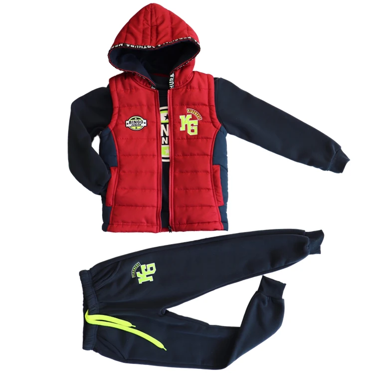Готов к отправке, минимальный заказ, популярный стиль, три предмета, повседневное удобное хлопковое теплое пальто, жилет, комплект детской одежды для мальчиков с капюшоном