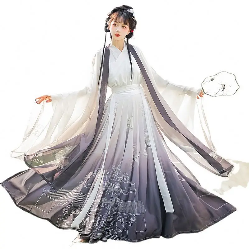 Оптовая продажа новое историческое женское весенне-летнее платье Hanfu в китайском стиле Jin Сказочная аура оригинальное с перекрестным воротником и большими рукавами