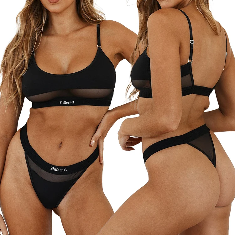 Factory Customize  Bamboo Modern Cotton Lightly Lined Triangle Bralette Minimal Triangle Bra  Thong Briefs Set