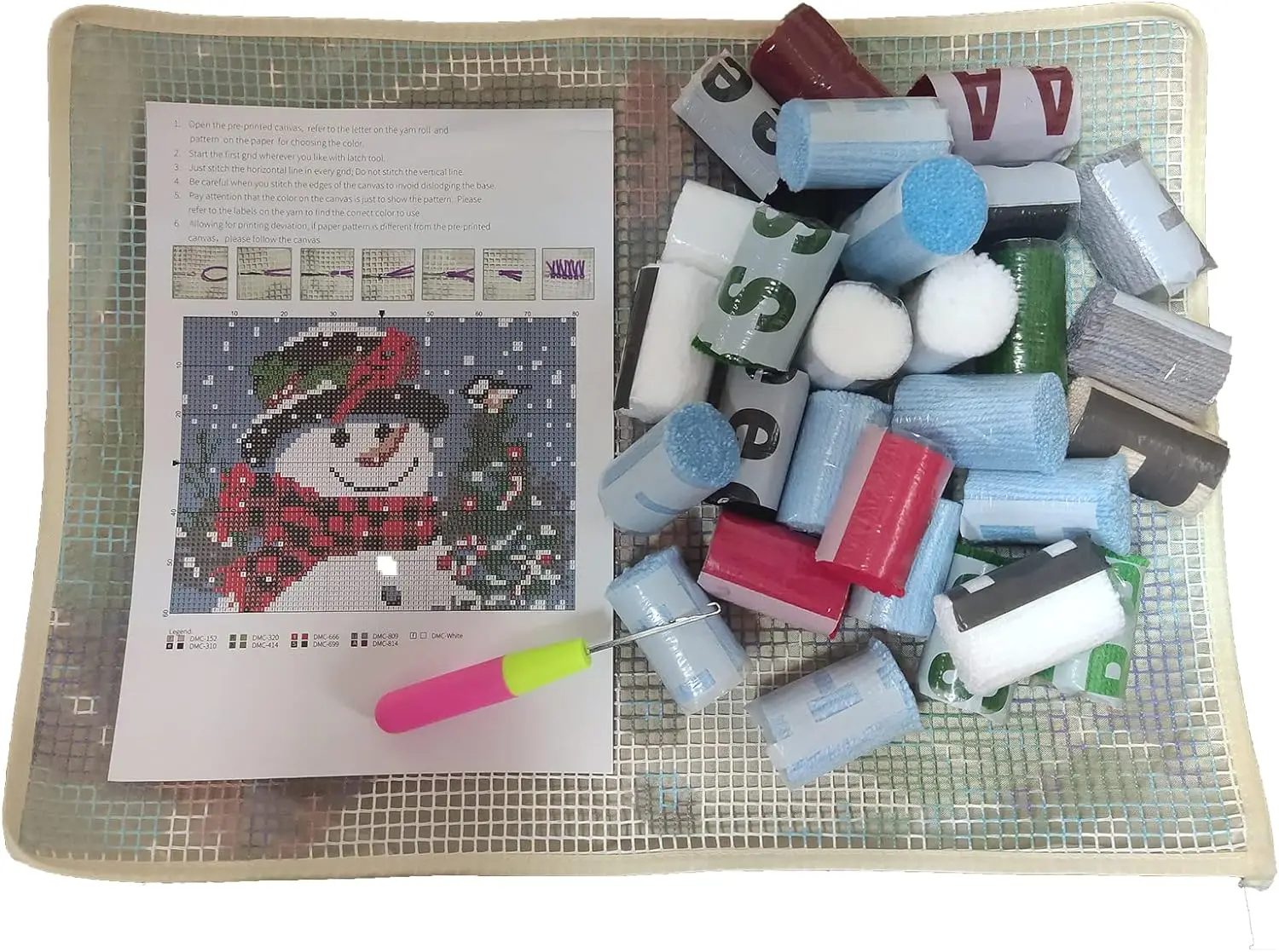 Christmas Snowman Latch Hook Rug Kits, DIY Rug Crochet Yarn Kits Printed Color Canvas Christmas Decoration and Activity