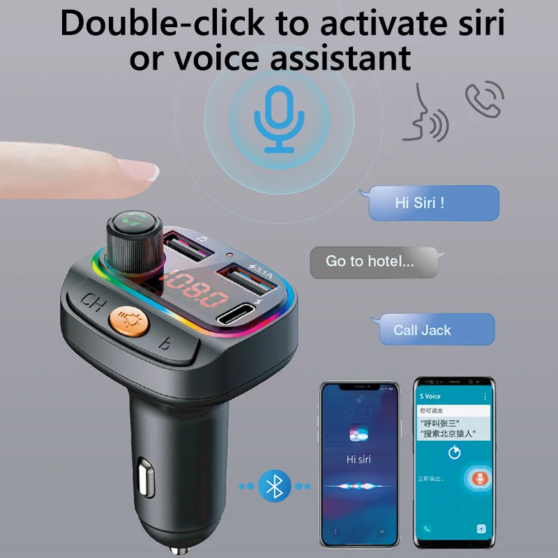 Colorful Light Hands Free Car Kit Music Receiver 3.1A Type C Usb Charger PD FM Transmitter Mp3 Player