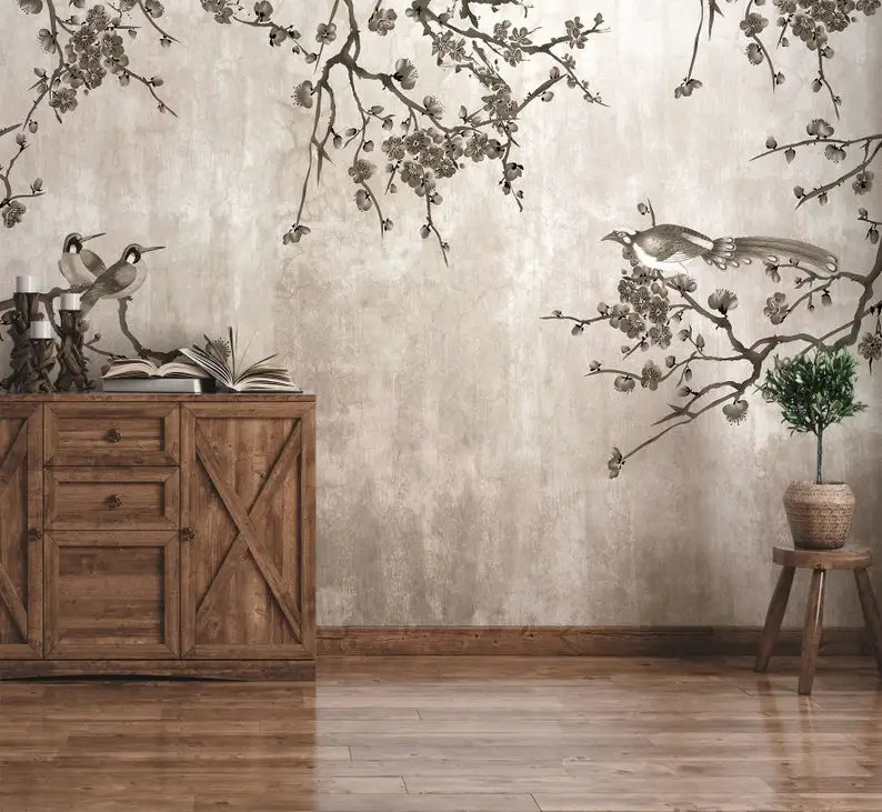 Chinoiserie Wallpaper Peel and Stick Soft Brown Background Wall Mural Chinese Trees and Birds Wallpaper Removable Self Adhesive