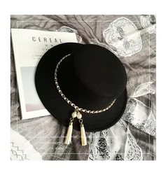 2021 autumn winter British style pearl felt hat fashion pearl chain flat cap casual trend retro fringed wide brim formal hat