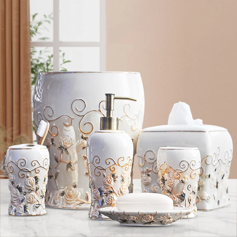 Лидер продаж, элегантная сантехника, аксессуары для ванной комнаты, набор из рельефного фарфора для ванной комнаты