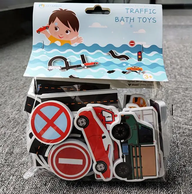 Hot sell OEM summer toys Cartoon EVA foam Bath Toy Truck Traffic Stickers with storage net bag for kids boys girls Activity