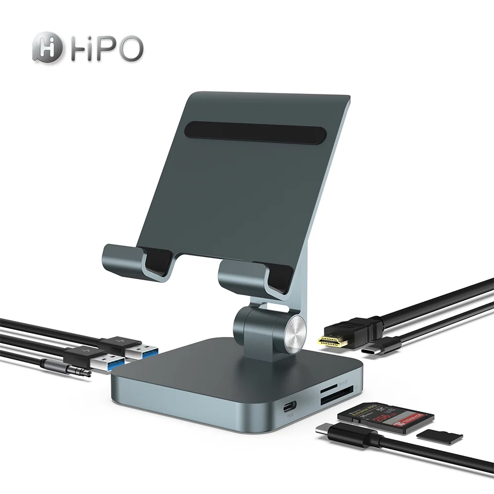 HUB With Stand  USB C Adapter 8 in 1 with USB 3.0 4K- USB C Connection PD SD TF Card Reader Docking Station Compatible