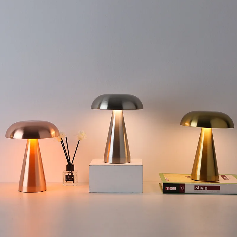 Silver-Three-Color Stainless Steel Charging Table Lamp Small Mushroom Design with USB Charging Capability