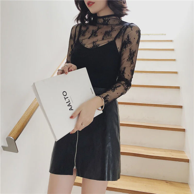 Блузка женская прозрачная с длинным рукавом базовый топ ложным воротником однотонная кружевная цветочной вышивкой лето-весна