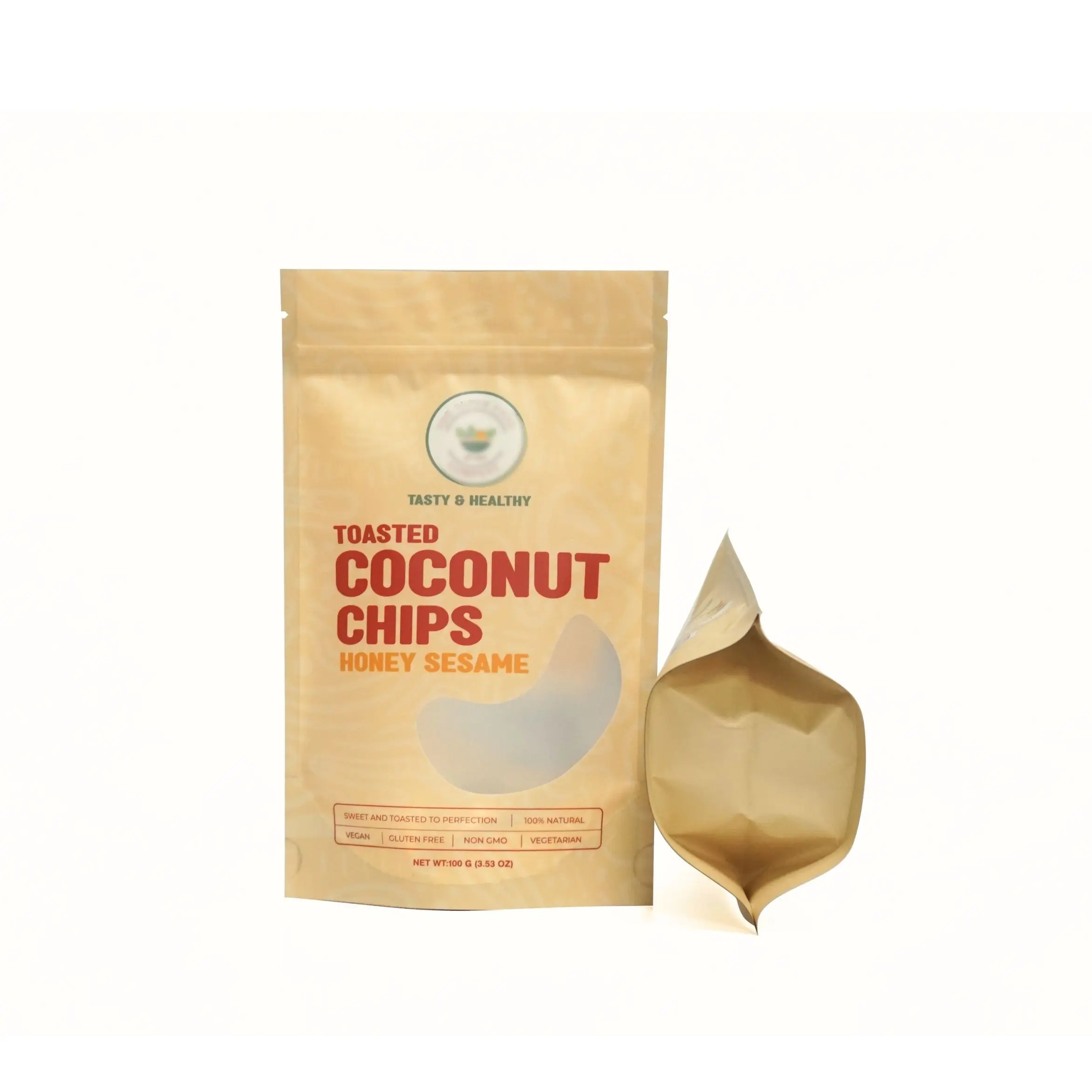 Custom printed laminate plastic stand up pouch spices condiments seasoning coconut chips food stand up packaging bag with window