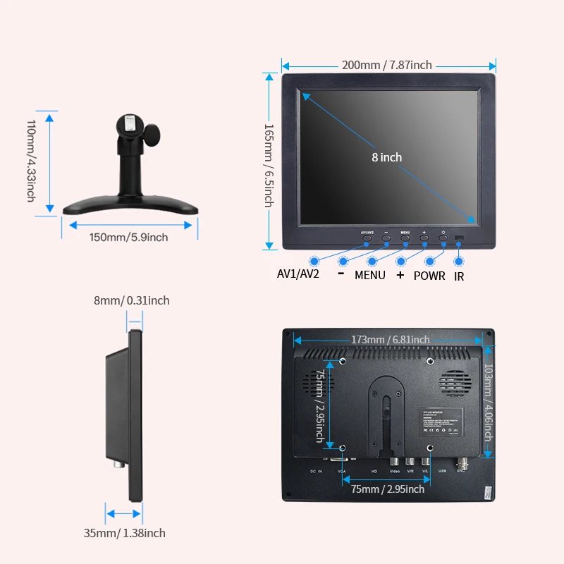 Smart Potable 8-10 Inch HD Car Monitors 12-24V H-DMI/VGA Advanced for Headrest Entertainment and Industrial Applications