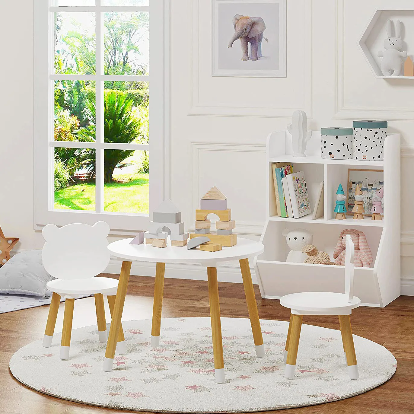 Kids Wood Table and Chair Set Kids Play Table with 2 Chairs 3 Pieces Kids Round Table for Toddlers Girls Boys White