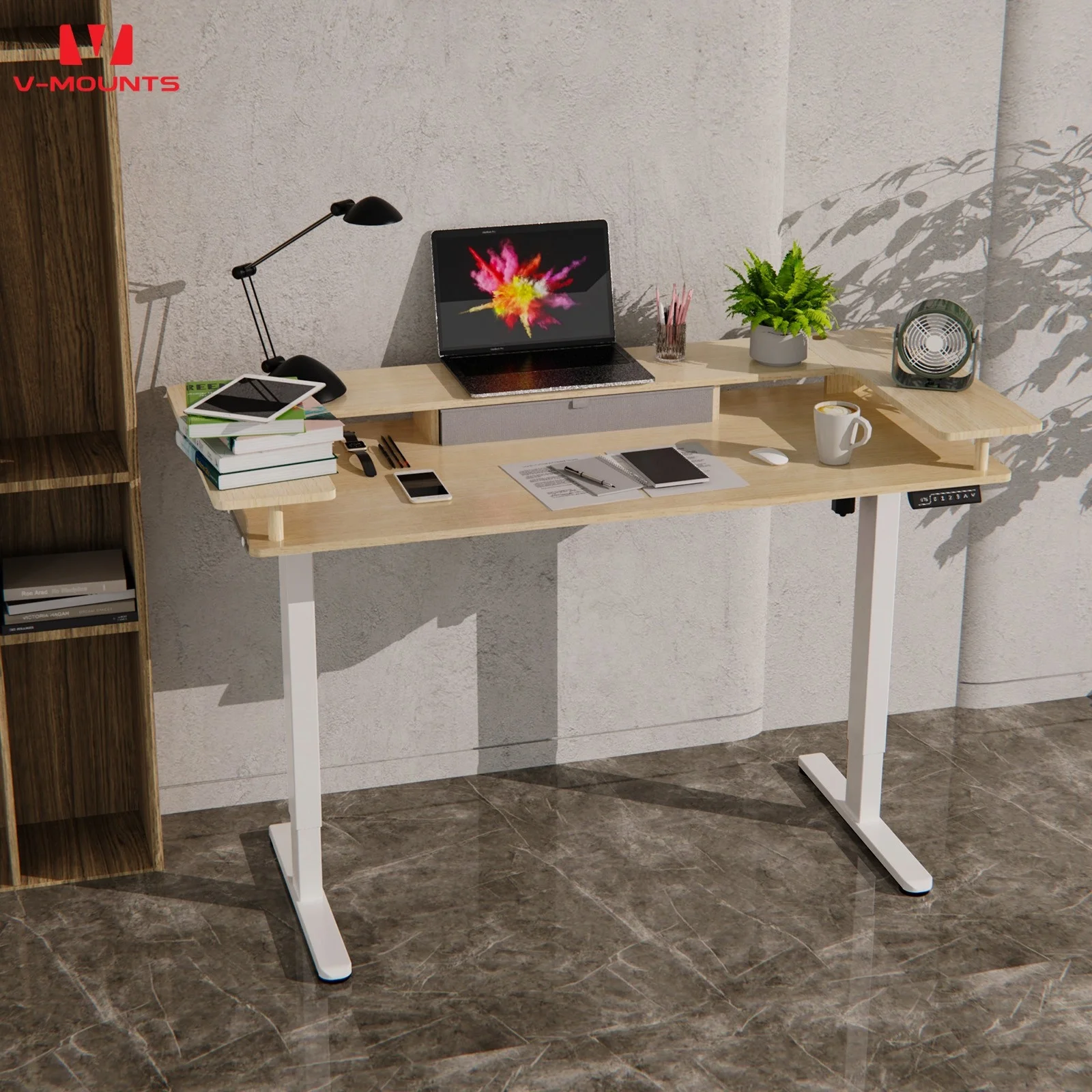 V-mounts Adjustable wooden desk for commercial use with Fabric drawers and double platform design JSD5-02-ZW-U