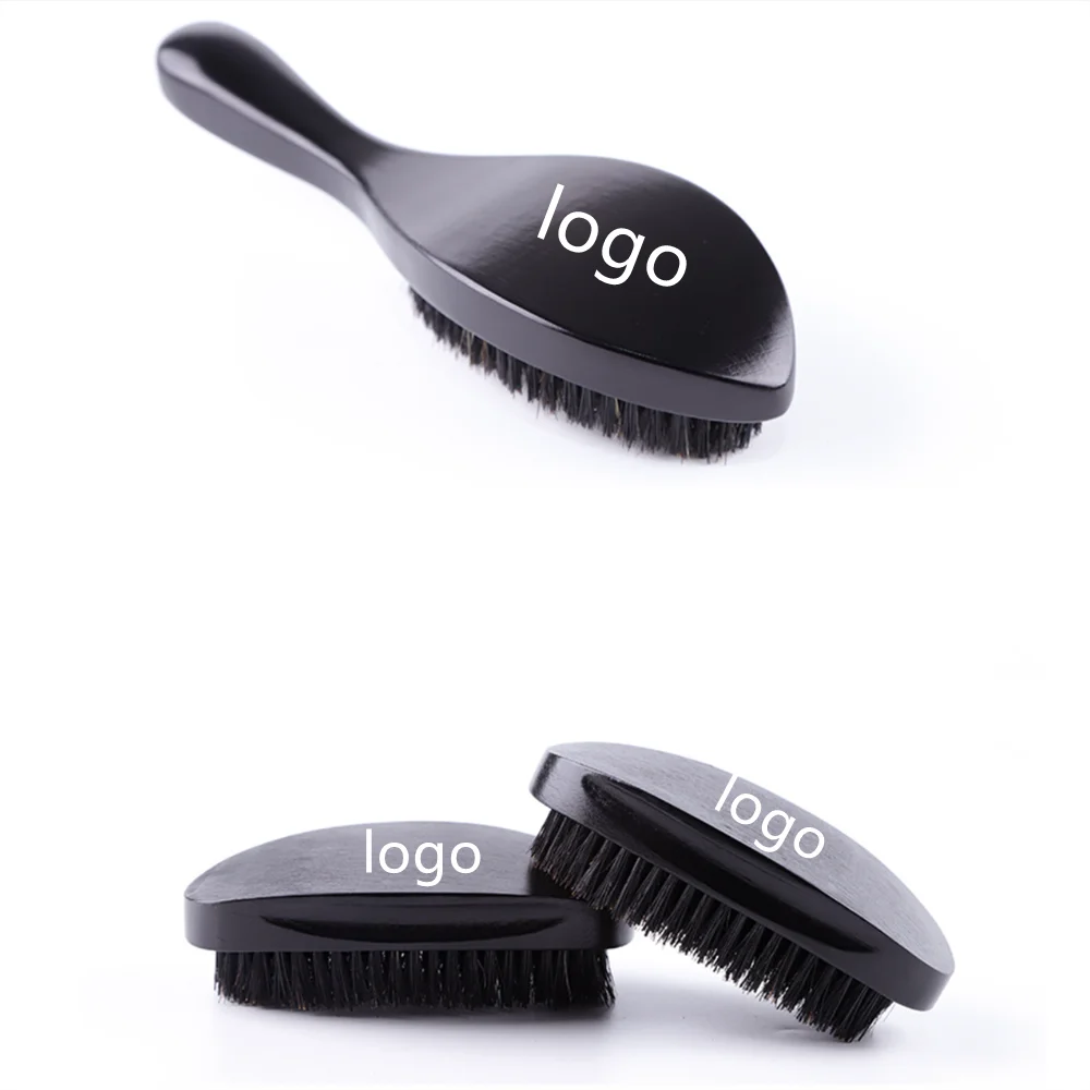 Custom LOGO Natural Boar Bristle Soft Custom Logo 360 Wave Brush Curved Wooden Beard Brush Black Hair Brush for Men