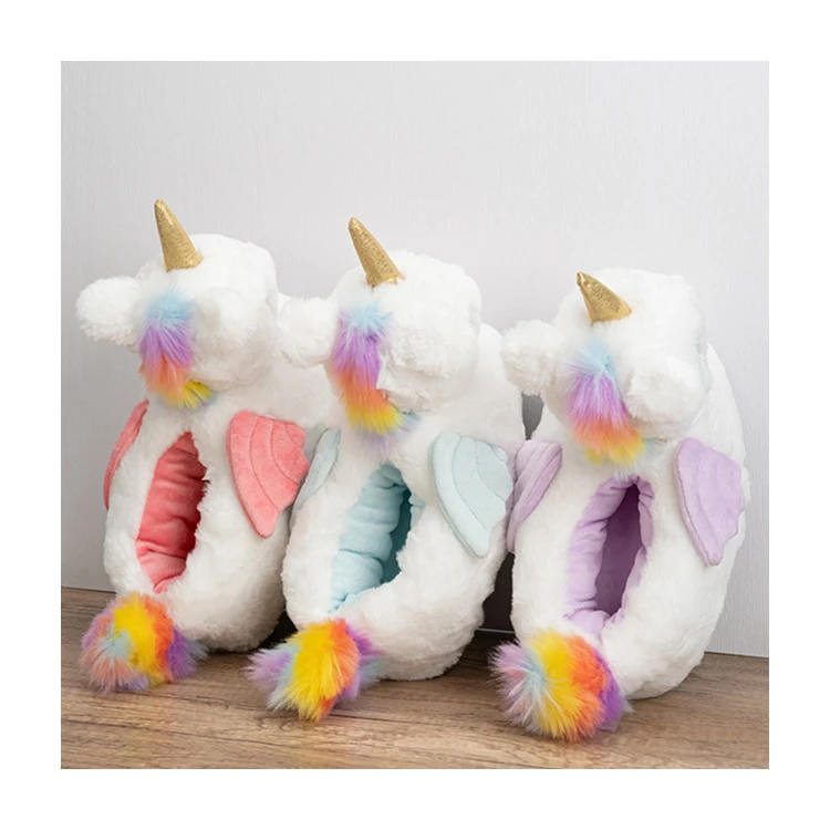 Wholesale custom colors fuzzy soft cozy winter warm cartoon kids animal cute cotton indoor home plush unicorn slippers for women