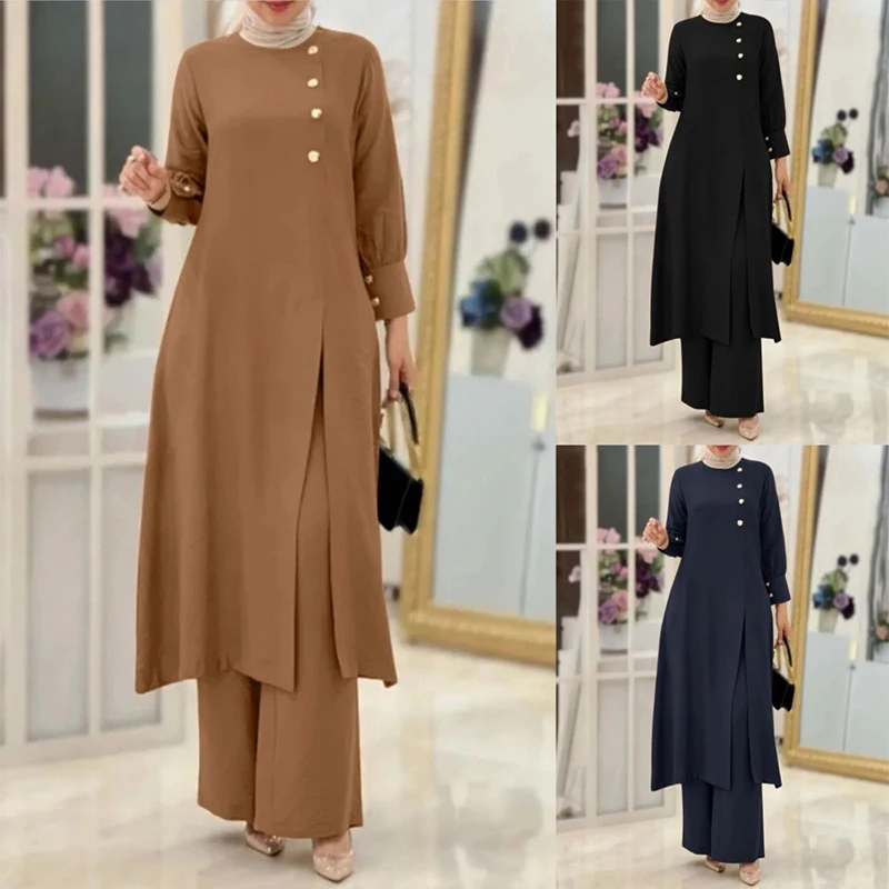 Wholesale Turkey Muslim Suit Abaya Modest Set Solid Long Shirt Wide Leg Pant Women Long Tunic Tops And Pants Muslim 2 Piece Set