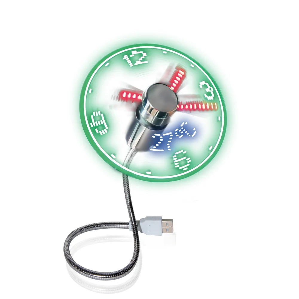 High quality brushless motor fan Metal hose Flexible bending Angle small real time display temperature mini usb led clock fan
