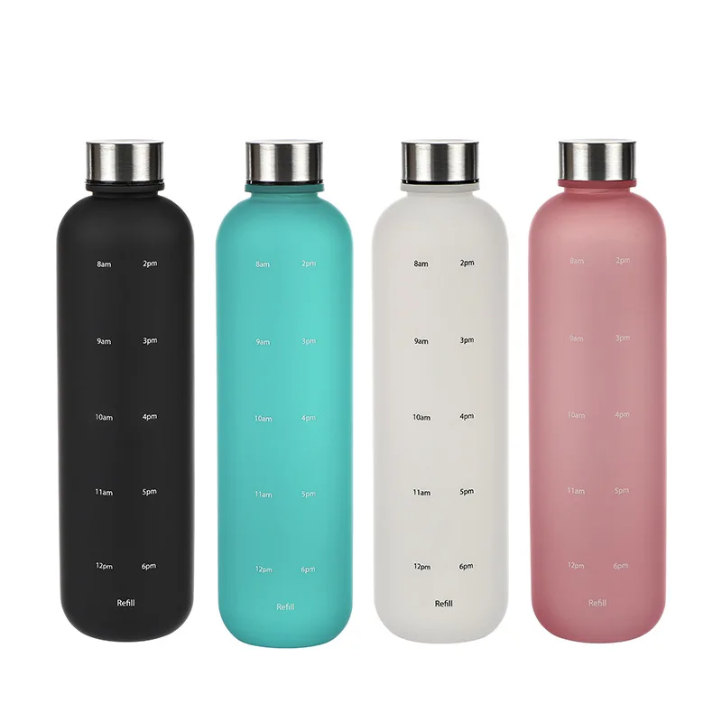 Whole sale1000ml Plastic water bottle with time stamp 1 liter reusable frosted water bottle