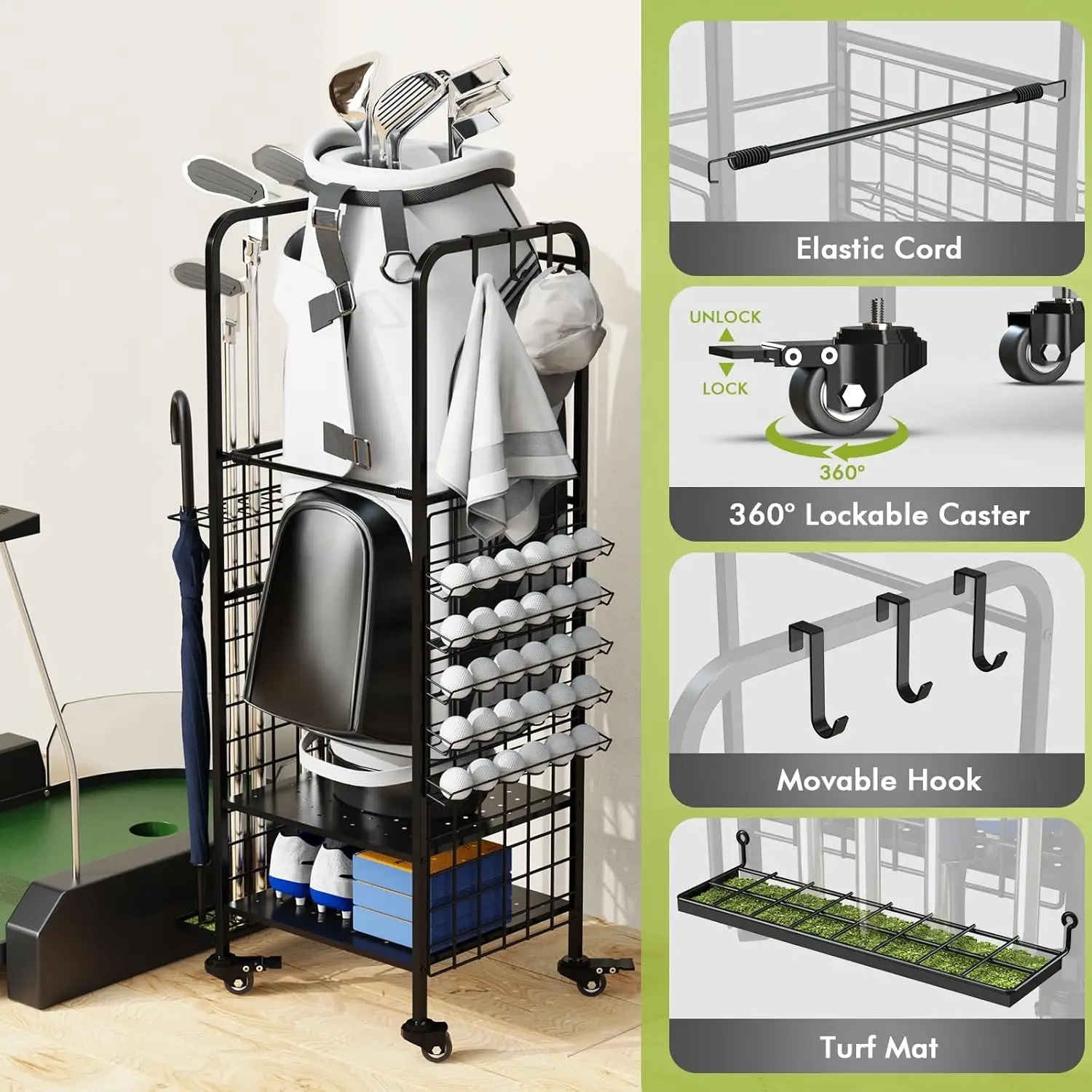 Golf bag storage cart Club holder and equipment accessory holder for garage club shed basement