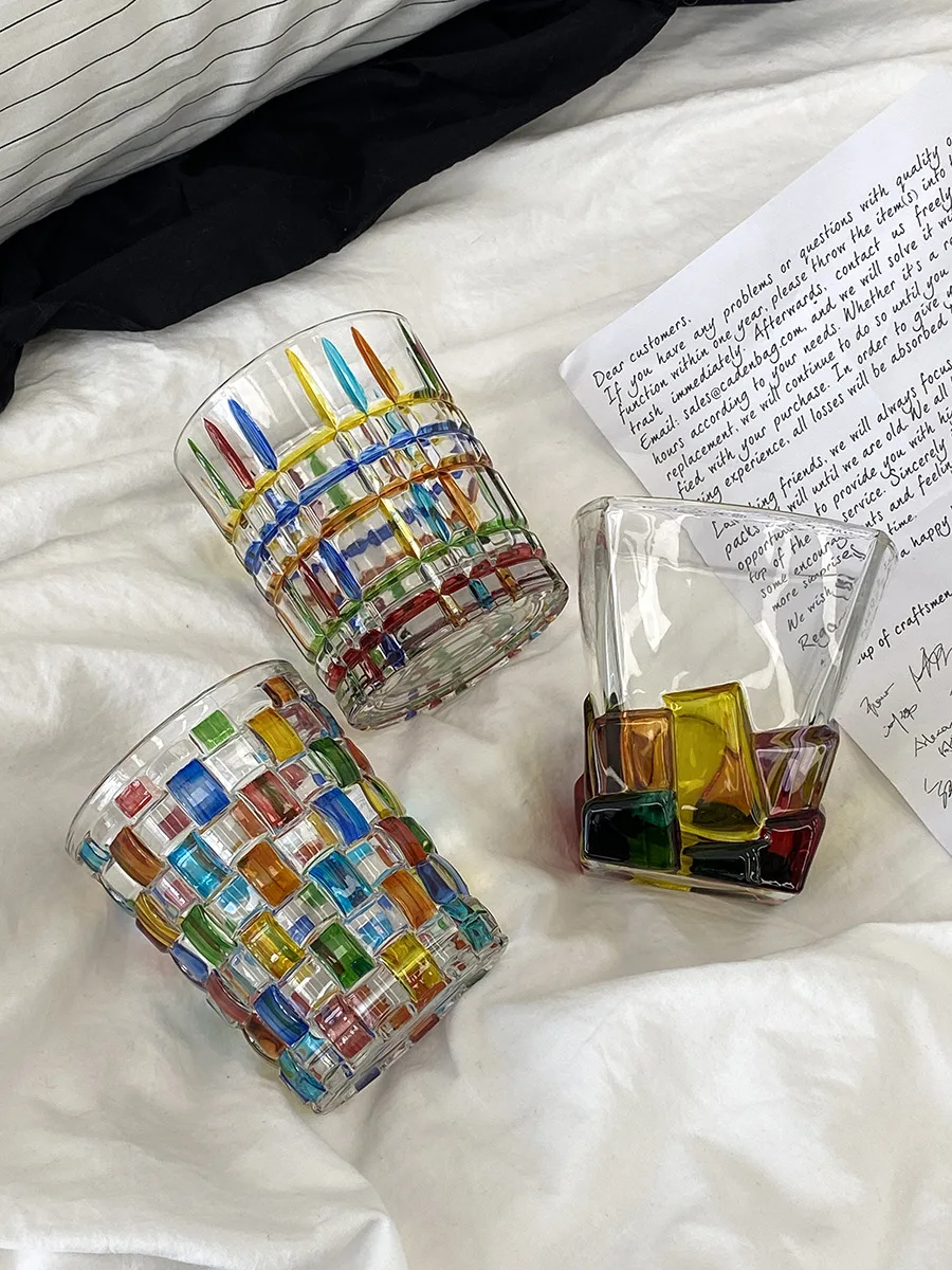 ZC Murano Italy hand painted crystal bottles colorful lines woven glacier  whiskey glass