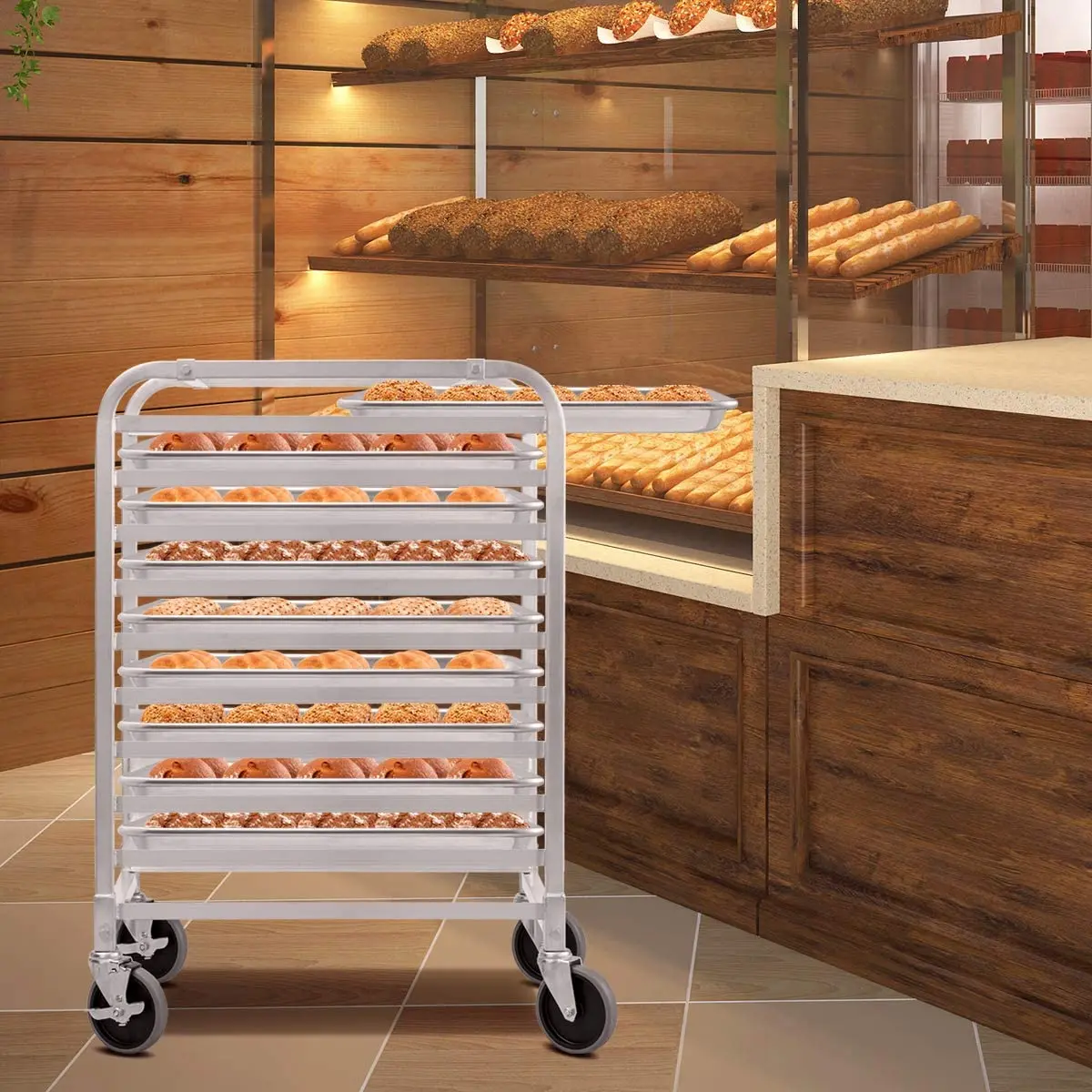 2 Lockable Wheels Bakery Rack 10 Sheet Aluminum Storage Cooling Trolley with Open Shelf for Bakery