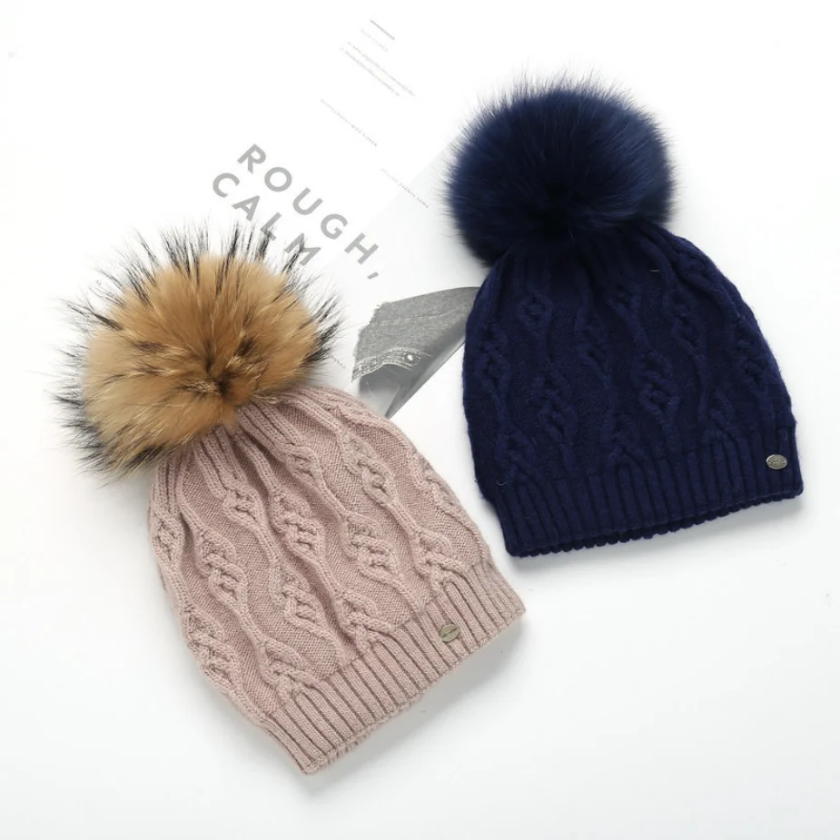 KAZUFUR Ladies Real Fur Pom Pom Knit Hat
