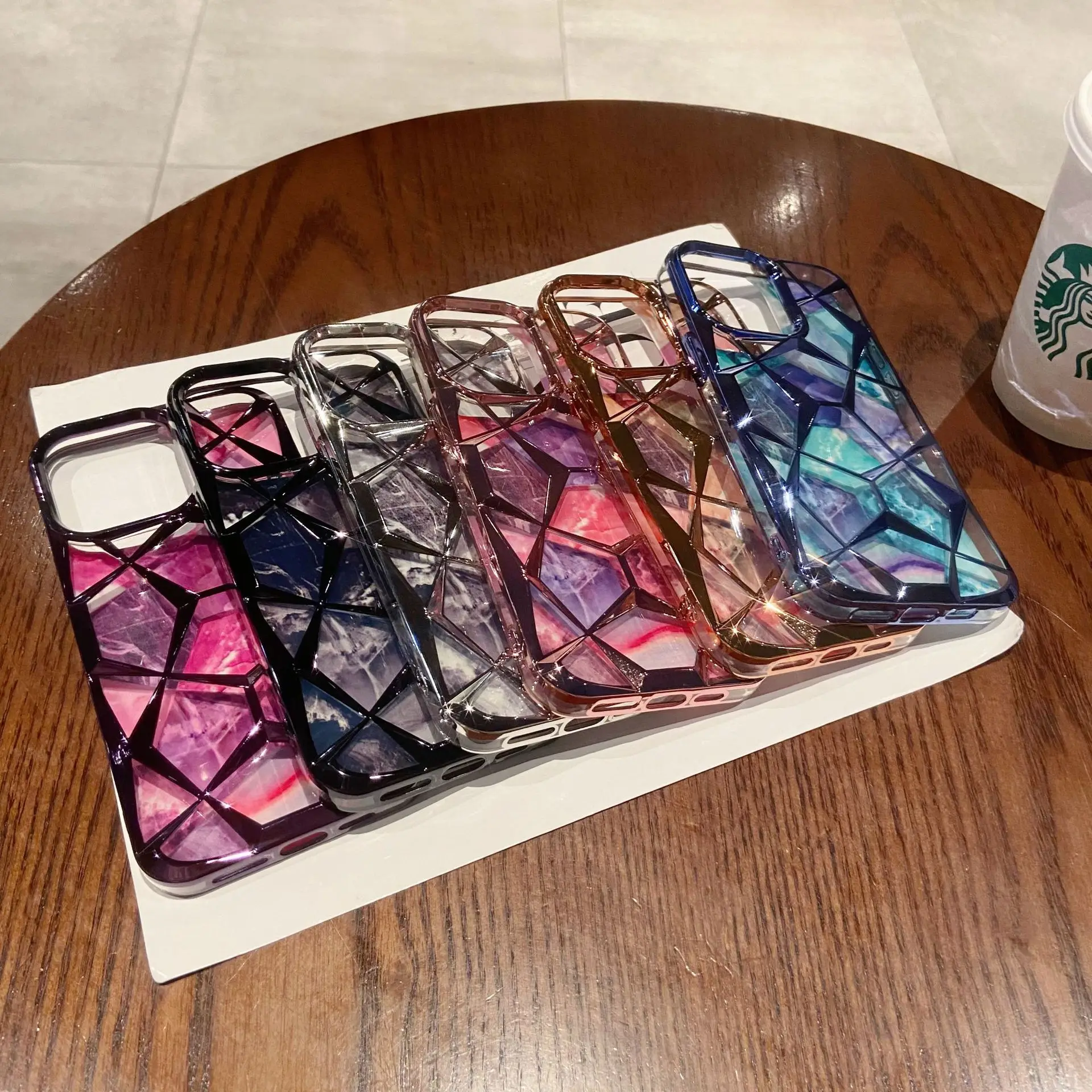 Gradient Glitter Marble Diamond Texture 3D Lattice Phone Case, Plating Soft TPU Cover for iphones 16 15 14 13 12 11 pro max
