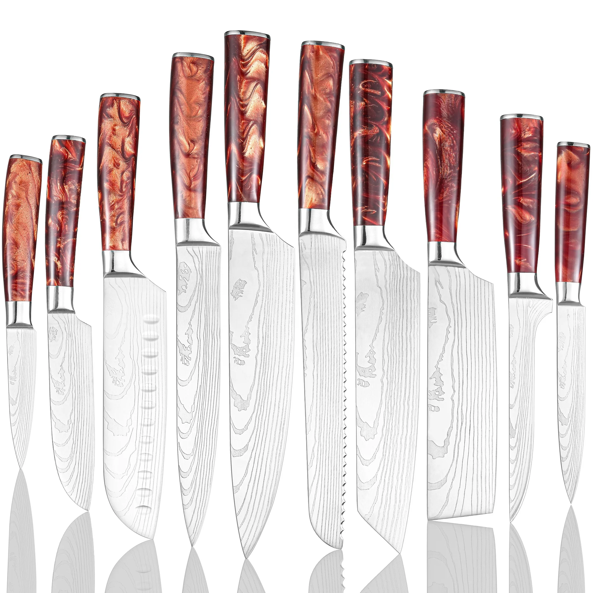Factory wholesale 10 Pcs Kitchen Knives Set Japanese Damascus Laser Chef Knives With Resin Handle Stainless Steel Kitchen Items