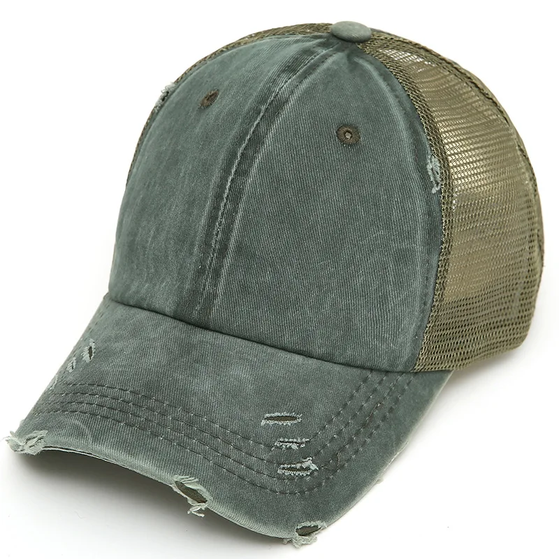 2024 new arrival womens ponytail washing cotton vintage old looks mesh baseball cap with custom logo