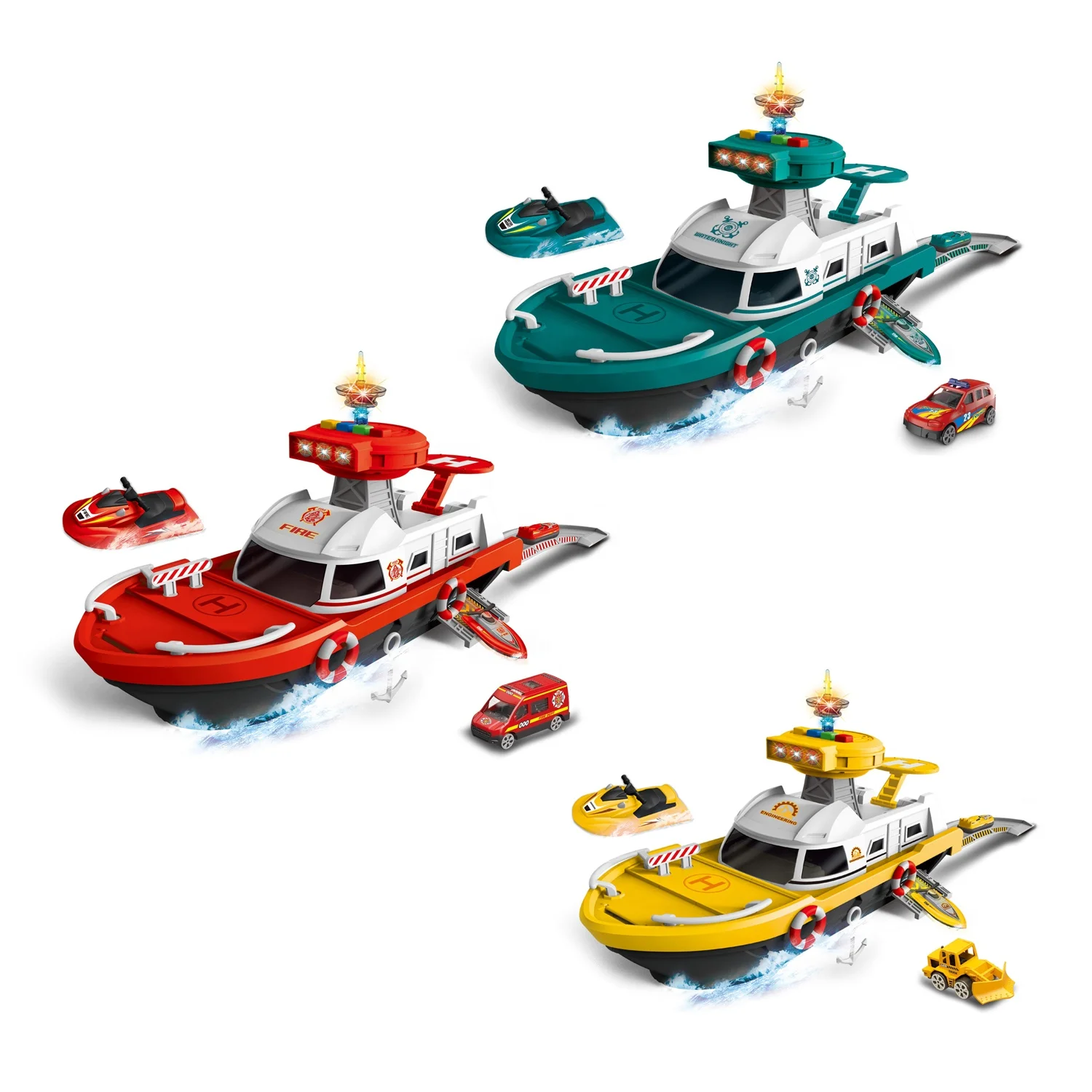 Sliding storage boat with light Deformation Ship Parking Lot Play Set with motorboat and die cast car
