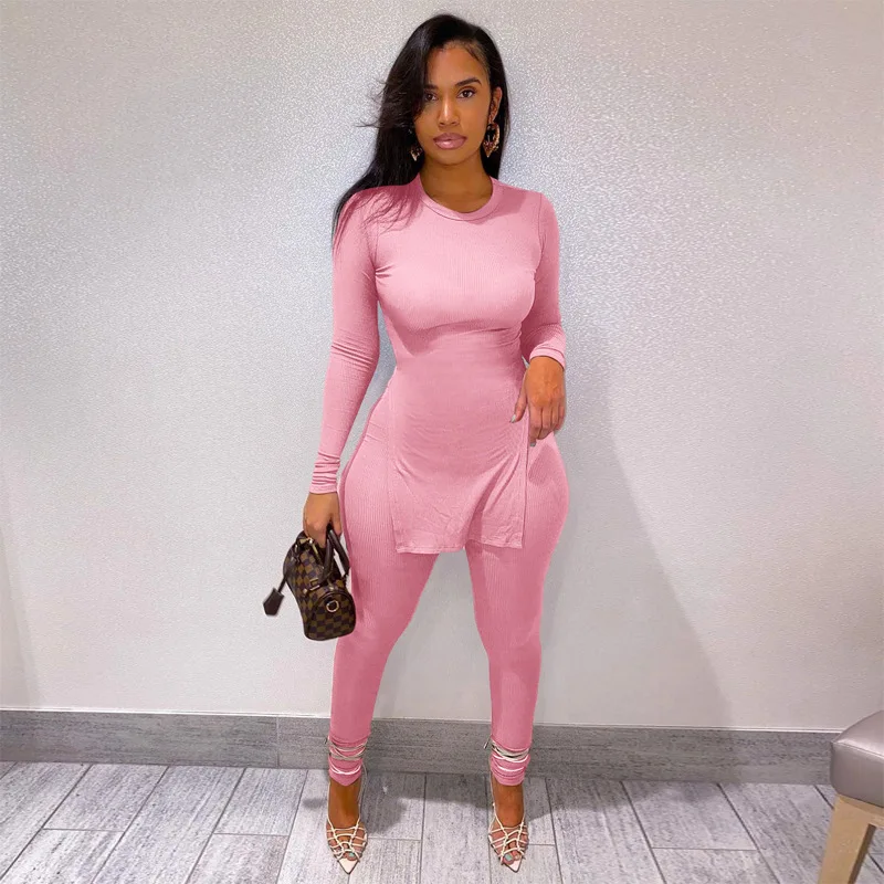 Новинка осени 2021, однотонный топ в полоску и брюки, комплект из двух предметов, Модный повседневный Женский комплект