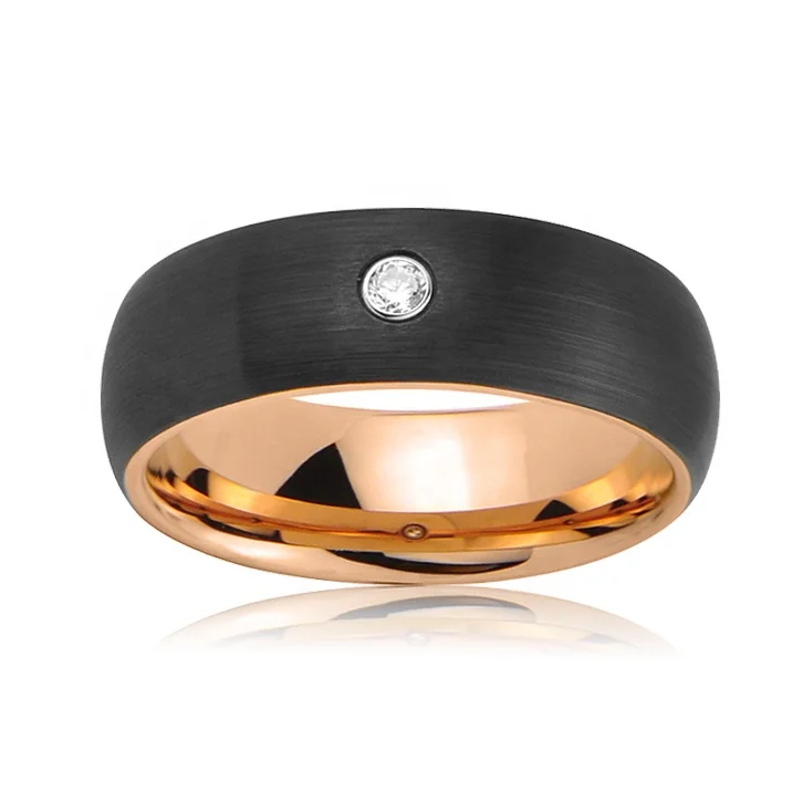 Black Brushed Domed Rose Gold AAA CZ STONE DIAMOND Tungsten Engagement Wedding Rings