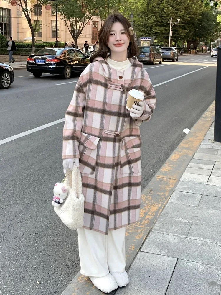 Droma Korean style casual pink plaid hooded double-sided women long wool coat winter trench coat for ladies