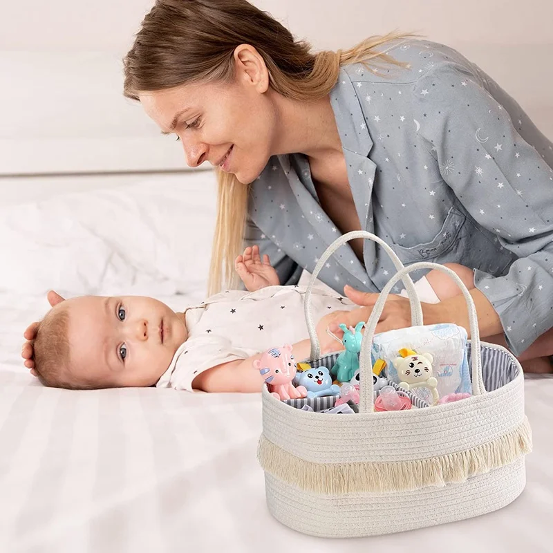 Newborn Baby Shower Basket Cotton Rope Diaper Caddy Organizer With Tassel
