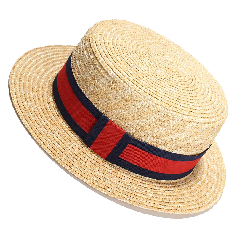 New Style Flat Top Skimmer Boater Hat Wholesale Straw Hat Summer Natural Wheat Straw Hat