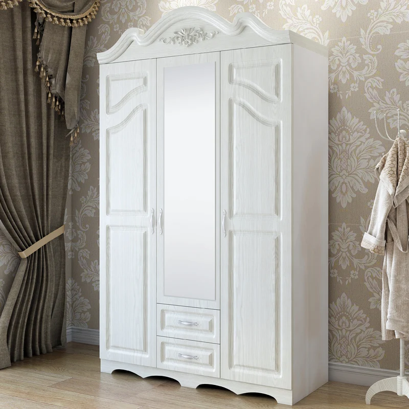 white Bedroom armoire wardrobe with mirror design 2 drawers sliding rollers cabinet 4 door mdf storage with hangers