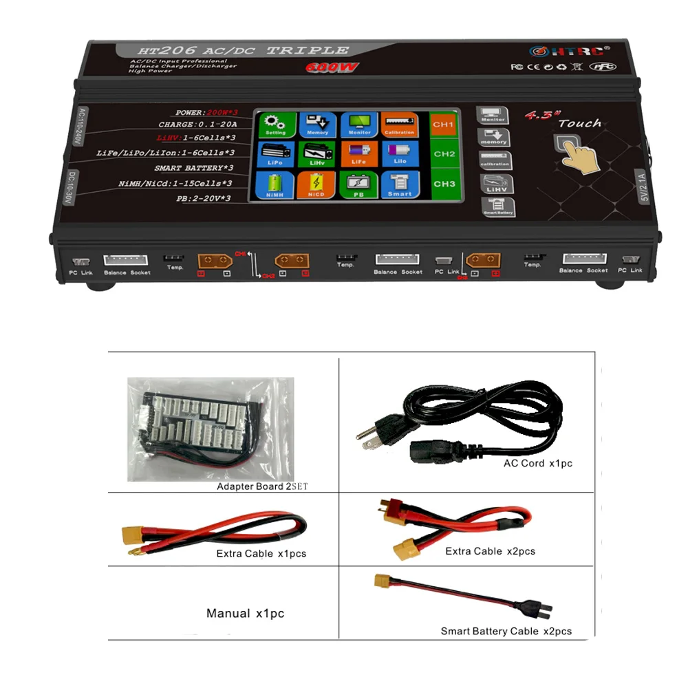 
HTRC HT206 AC/DC TRI Professional RC Toy Lipo Battery Balance Charger 200W*3 20A*3 Triple Port for Lilon/LiPo/LiFe/LiHV Battery 