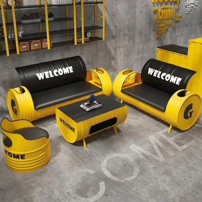 Retro iron oil barrel outdoor restaurant bench metal outdoor leather sofa industrial metal dining accent leather chair