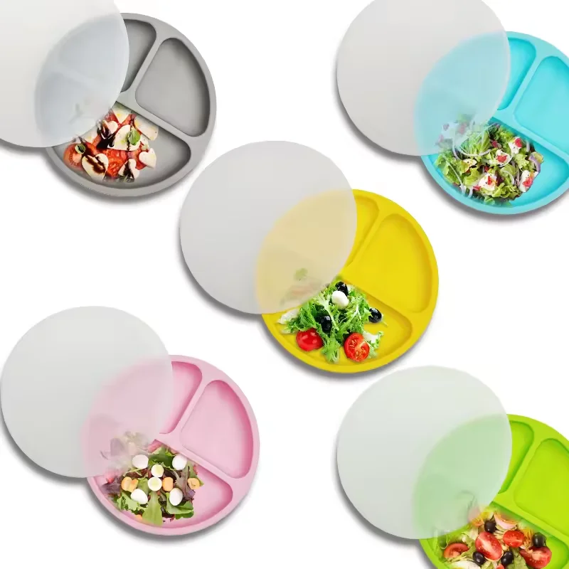 BPA Free Strong Suction Plate Spoon Set Feeding Bib Baby Dishwasher Safe Silicone Divided Dinner Plate Dish for Toddler