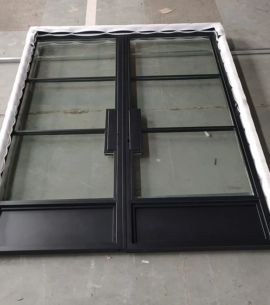 Customized size iron windows and doors exterior french safty glass steel door