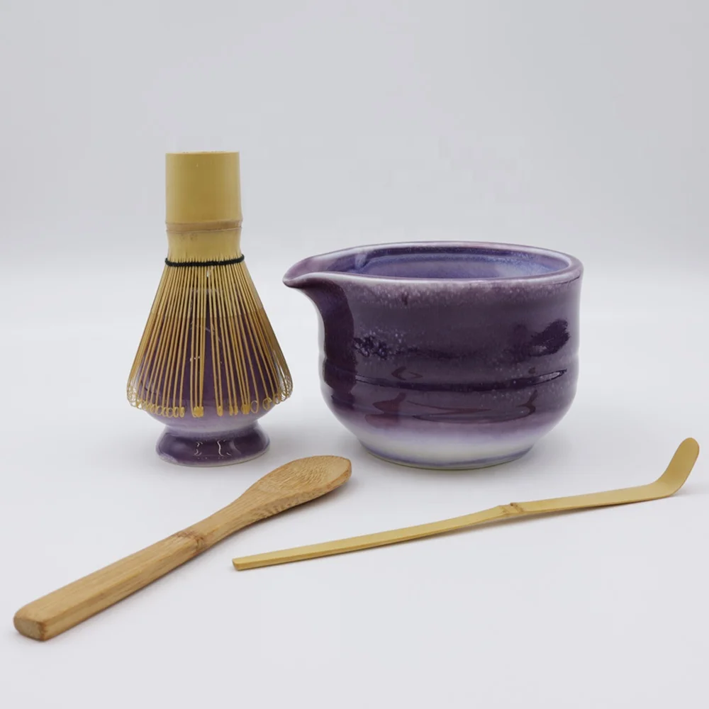 Custom green tea matcha set tool kit astral purple flash flambed glazed ceramic whisk whip holder and matcha bowl with spout