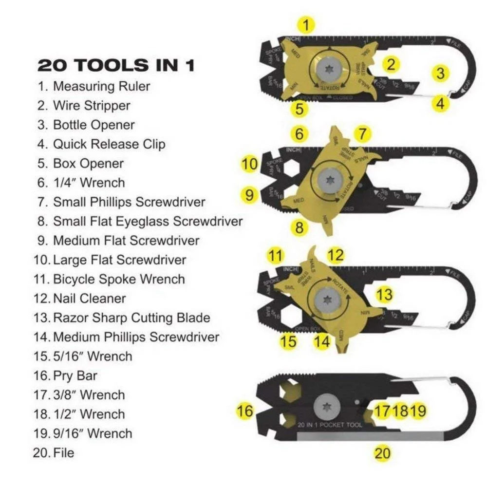 20 in 1 stainless steel multi-functional key chain wrench screwdriver EDC outdoor portable small tool